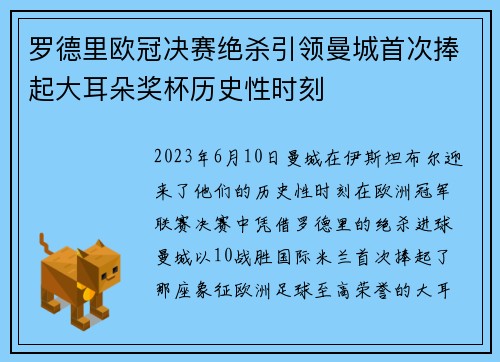 罗德里欧冠决赛绝杀引领曼城首次捧起大耳朵奖杯历史性时刻
