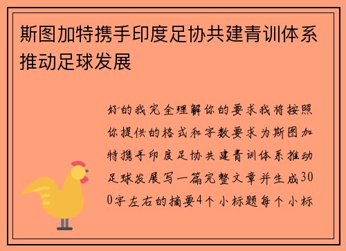斯图加特携手印度足协共建青训体系推动足球发展